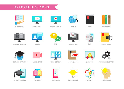 E-learning icons vector set. Educational elearning study icon with technology apps logo of message, search and graduation for internet online learning collection. Vector illustration.  