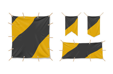 Vinyl banners 3d vector mockup, fabric awnings and flags stretched on flex. Black and yellow canvas of square and rectangular shape for street advert, tent or posters mock up, Realistic illustration