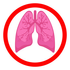 Red round sign, pink healthy lungs, vector illustration