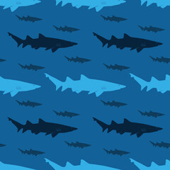 Shark on blue background, seamless pattern, texture for fabric design, wallpaper and tile, vector illustration