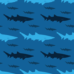 Shark on blue background, seamless pattern, texture for fabric design, wallpaper and tile, vector illustration