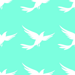 Bird white on blue background, seamless pattern, texture for fabric design, wallpaper and tile, vector illustration