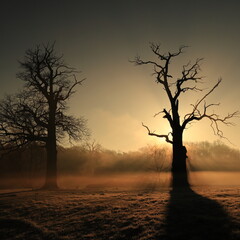 Fototapeta Dęby, mgła wschód słońca, wiosna, Rogalin, poranek obraz