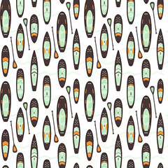 Stand Up Paddle Boarding SUP surfing elements seamless pattern vector illustration with SUPboard, waves in scandinavian style design in orange, green, brown colors on a white background.
