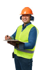 A young construction worker, wearing an earmuff helmet and wearing a reflective vest, stands to write down information on a clipboard. on a white background with clipping path and cut out