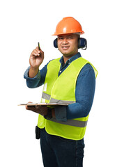 A young construction worker, wearing an earmuff helmet and wearing a reflective vest, stands to write down information on a clipboard. on a white background with clipping path and cut out