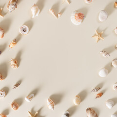 Frame with seashells and starfish with shadow on beige pastel background at sunlight. Summer vacation nautical pattern. Minimal flat lay with natural shells, sea stars, stone. Top view