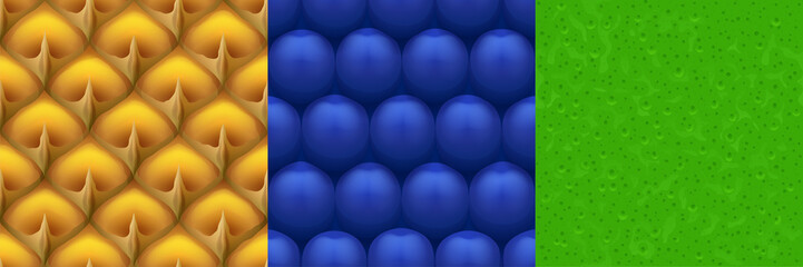 Textures of blueberries, pineapple and lime peel. Vector cartoon game backgrounds with seamless patterns of fresh ripe blackberry, ananas and green citrus rind surface