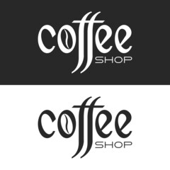 Coffee shop logo black and white lettering with coffee beans, an example of a text signboard for a coffee house web store.