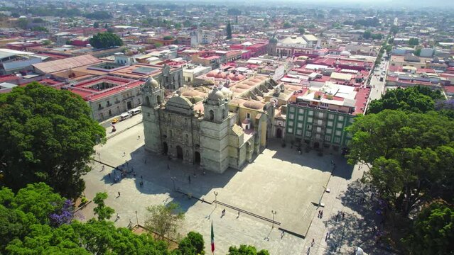 Aerial Drone Flying Around Famous UNESCO Ancient Latin Church Building in Oaxaca, Mexico.