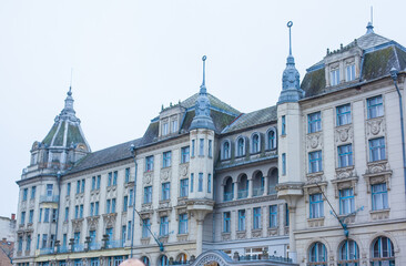 The front of the Aranybika, Golden Bull Hotel at Kossuth square in Debrecen, Hungary. Famous landmark. The oldest hotel in Hungary.