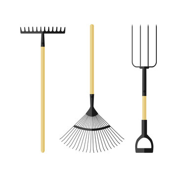 Set garden tools. Fan rakes, pitchforks and rakes in a simple flat style and color. Vector illustration isolated on a white background for design and web.