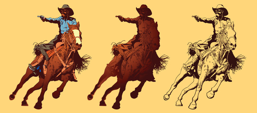 vector image of a cowboy in a hat on a horse with a lasso and a colt in the style of art graphics	