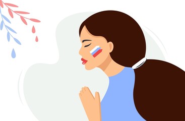 Young Russian girl prays, mourns Close-up silhouette of a sad woman. Pray for Russia Vector isolated design for poster, postcard, banner with place for text. Flat template. White background.