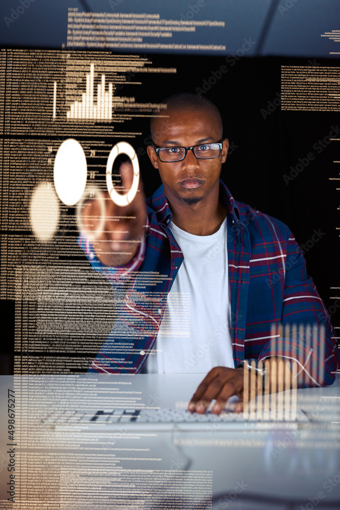 Poster hes an expert encoder. cropped shot of a young male programmer working on computer code in his offic