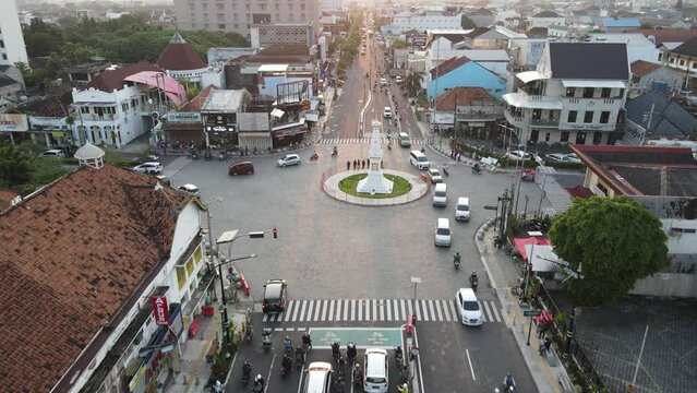 Aerial view of Tugu Yogyakarta Indonesia Landmark with busy traffic.