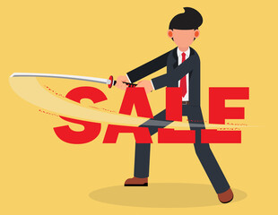 Businessman using sword to slash cut the word sale. financial concept.