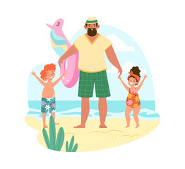 Happy father with children on beach flat style, vector illustration