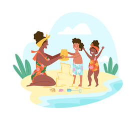 Mother with children make sand castle on the beach flat style