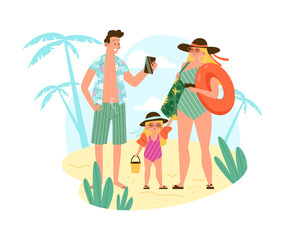 Happy family on beach scene flat style, vector illustration