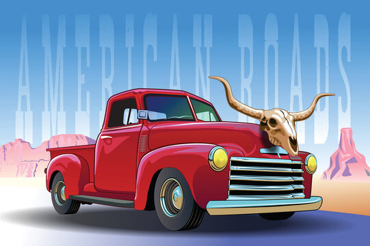 vector image of an old pickup truck speeding along an abandoned American highway