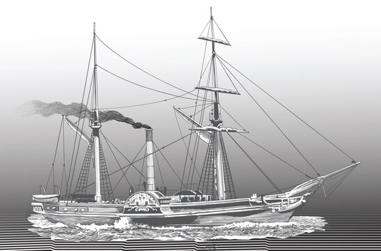 vector image of an old sailing sea steamer in retro graphic style from old newspapers postage stamps and greeting cards