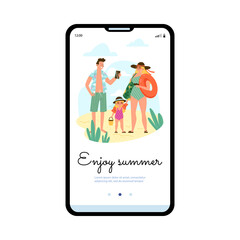 Family summer vacation trip onboarding page mockup, flat vector illustration.