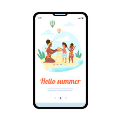 Onboarding banner with family on vacation at sea, flat vector illustration.