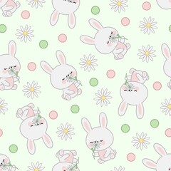 Seamless pattern of bunnies sniffing flowers, flowers and green and pink dots.