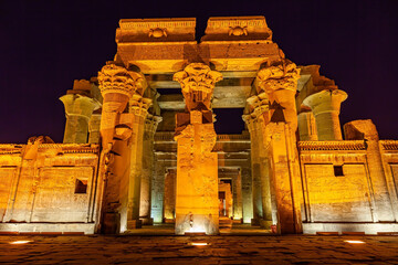 Night view the double entrance of The Temple of Sobek and Haroesis at Kom Ombo.