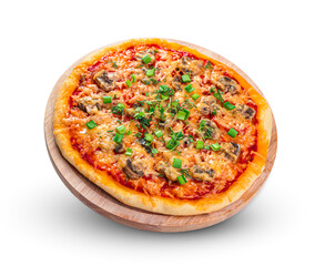 Pizza with tomatoes, cheese, mushrooms, tomato sauce and fresh herbs isolated on a white background.