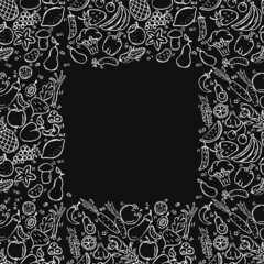 Seamless fruits and vegetables pattern with place for text. Doodle vector with fruits and vegetable icons on black background. Vintage fruits and vegetable illustration
