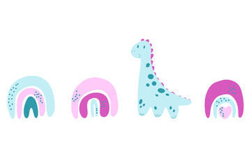 Dinosaur. Nursery rainbow. Boho rainbow and cute dino animal. Abstract rainbow and clouds. Poster illustration and baby room. Stock vector cartoon flat illustration on a white background.