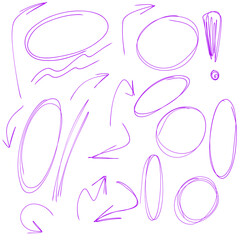 Hand drawn highlight marker frame and underline. Doodle highlight ovals. Marker sketch. Highlighting text and important objects. Round scribble frames. Stock vector illustration on white background.