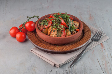 traditional georgian meat dish ojakhuri on gray background