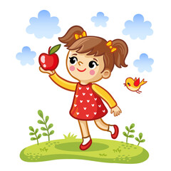 Obraz na płótnie Canvas Cute little girl holding an apple in her hands. Vector illustration with a baby in cartoon style.