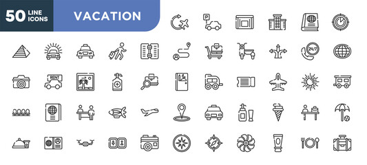 Fototapeta na wymiar set of 50 outline vacation icons. editable thin line icons such as airplane, wine menu, sanitizer, persons in an airport, open passport, unmanned, skin sunscreen stock vector.