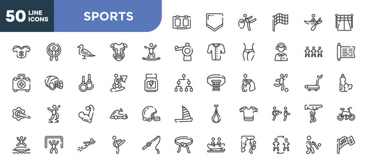 set of 50 outline sports icons. editable thin line icons such as score board, highlining, wakeboarding, muscular, goalie, free flying, substitute stock vector.