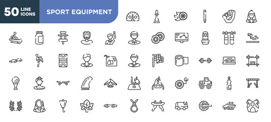 set of 50 outline sport equipment icons. editable thin line icons such as kmh, committee, karateka, longboard, fencer, lift bag, crank stock vector.