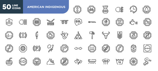 Fototapeta na wymiar set of 50 outline american indigenous icons. editable thin line icons such as ahead, glowplug, fire warning, parking lights, one way, death, null stock vector.