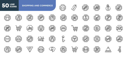 set of 50 outline shopping and commerce icons. editable thin line icons such as hump, descending, wide, lovemaking, no rodents, give way, no children stock vector.