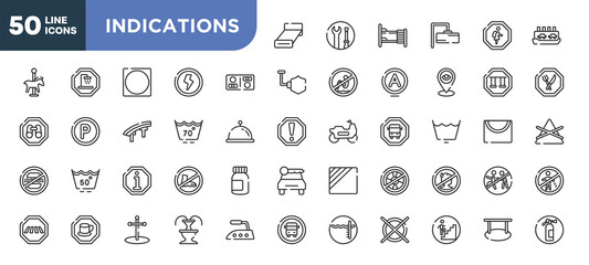 set of 50 outline indications icons. editable thin line icons such as bed 3d view, restroom, null, information, cafe bar, cross stuck in ground, walking up stair stock vector.