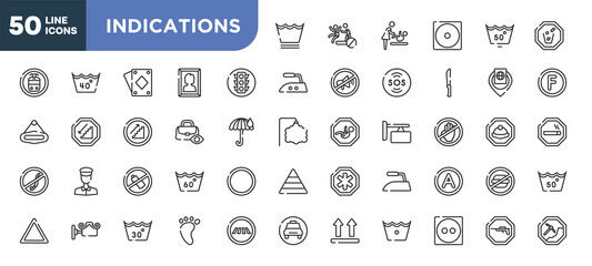 set of 50 outline indications icons. editable thin line icons such as delicate washcycle, round traffic, null, no littering, decorative, 30 degree laundry, dry medium heat stock vector.