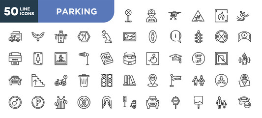 set of 50 outline parking icons. editable thin line icons such as no stopping, praying, wind flag, bike parking, parking hexagonal, yield, uneven stock vector.