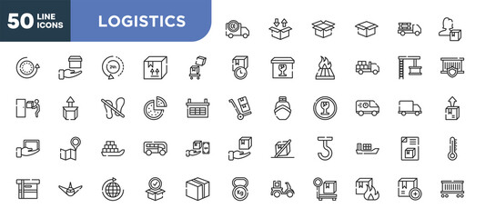 set of 50 outline logistics icons. editable thin line icons such as european conformancy, overflow, pizzas, sea ship with containers, air transport, distribution, flammable box stock vector.