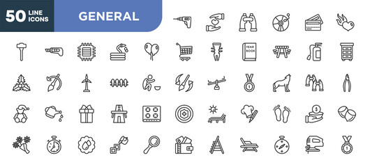 Fototapeta na wymiar set of 50 outline general icons. editable thin line icons such as perforator, floating balloons, wooden fence, gift box with ribbon, analog stopwatch, save water badge, compass pointing south east