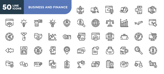 set of 50 outline business and finance icons. editable thin line icons such as rocket launch monitor, big protection shield, two lines chart, yen big coin, talking about money, seo tags, two black