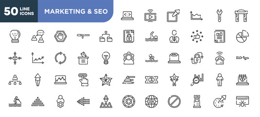 set of 50 outline marketing & seo icons. editable thin line icons such as clean code, diagram folder, manual voting, graph notebook, null, administrator, atm hine stock vector.