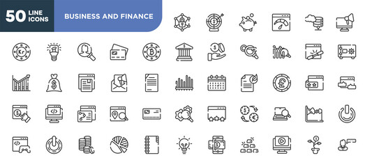 set of 50 outline business and finance icons. editable thin line icons such as private network, bit round button, marketing email, seo strategy, power variant, three dollar coins stacks, play video