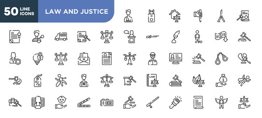 set of 50 outline law and justice icons. editable thin line icons such as accident and injuries, business law, crime letter, corpse, prisoner, child custody, death certificate stock vector.